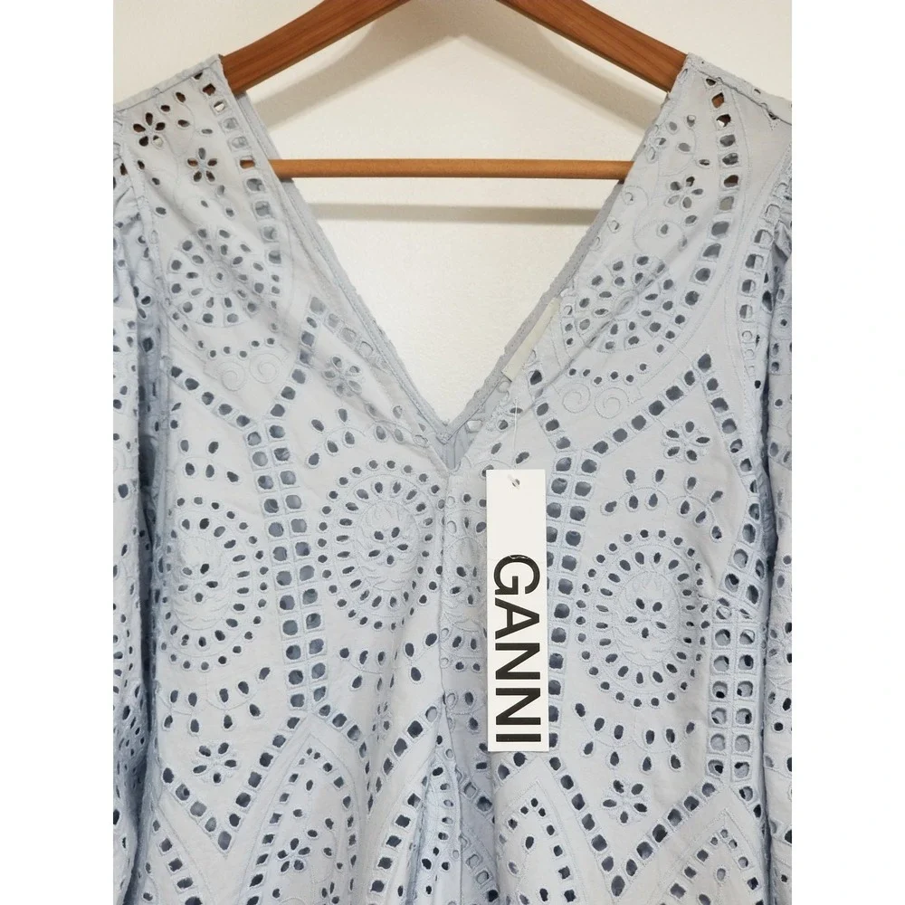 NWT GANNI Broderie Anglaise Eyelet Lace Midi Dress Light Blue EU 32/ US 0 $475 - Picture 11 of 16